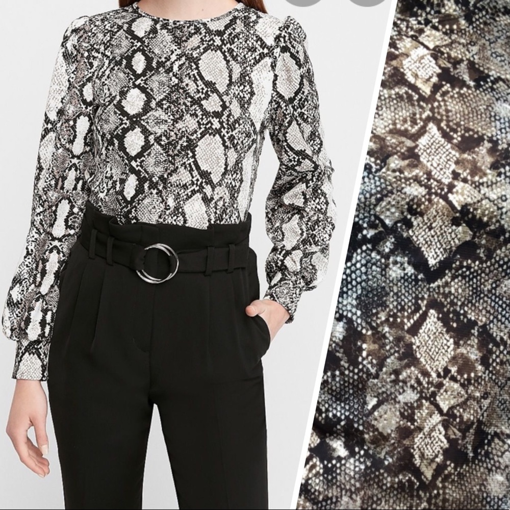 Wayf Gray Snakeskin Print Puff Sleeve Blouse High Neck Semi-Sheer Top Size M